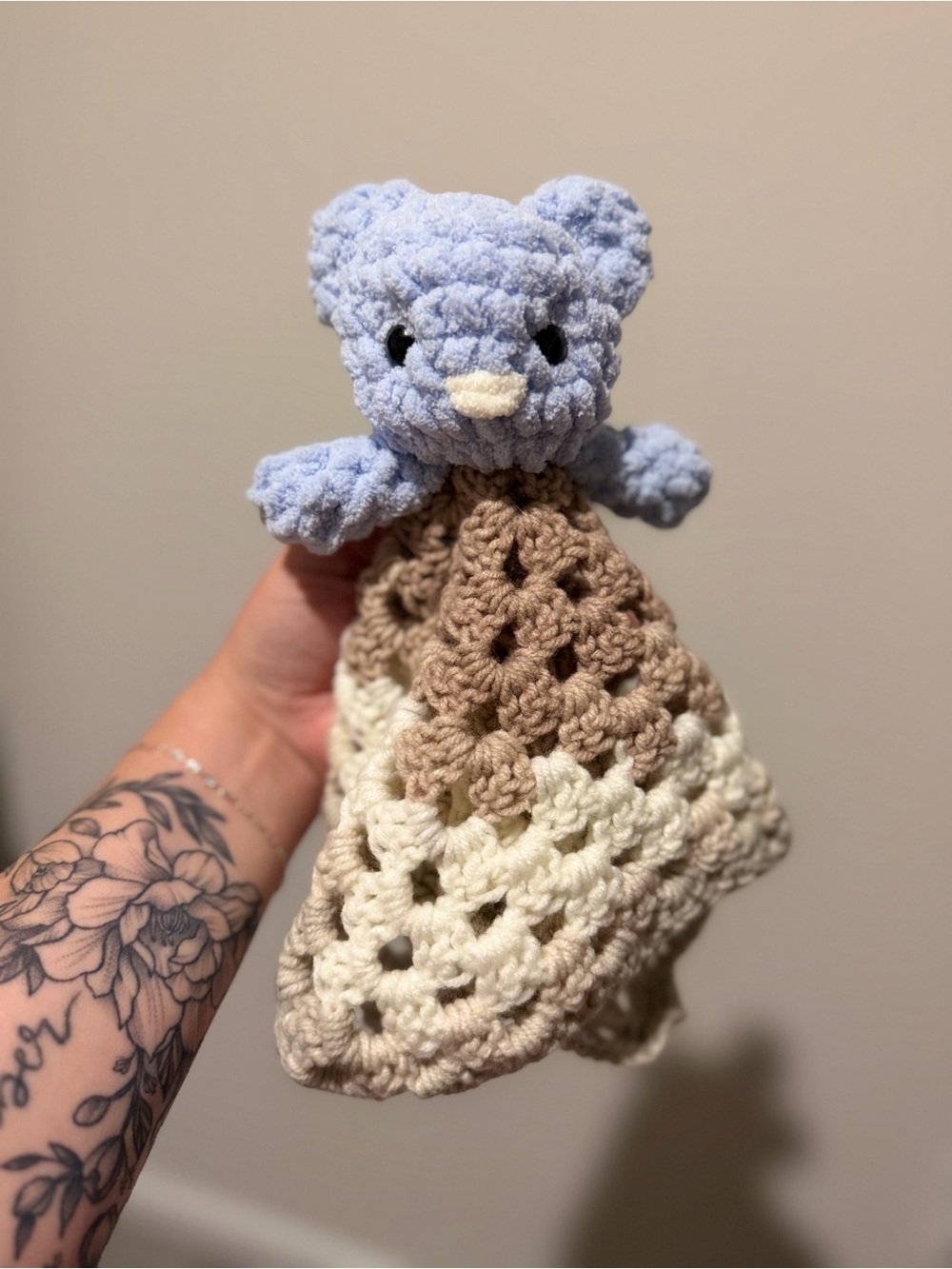 Handmade Blue Bear Lovey with Cream and Tan Crochet Blanket